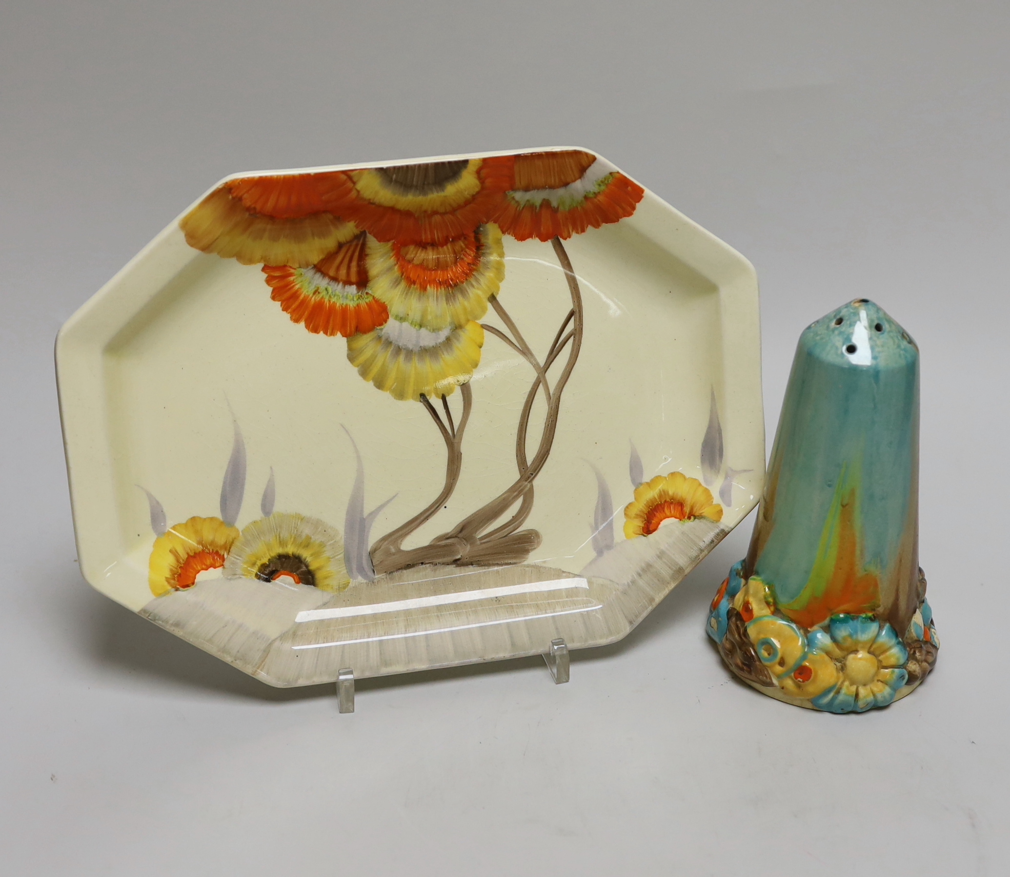 A Clarice Cliff 'My garden' sugar sifter and a Clarice Cliff Rhodanthe dish, 25cm